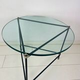 Vintage round side table. Thick glass round coffee table. Robust industrial design table.