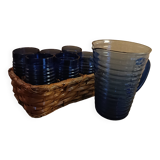 Orangeade carafe service and 6 glasses in a wicker basket