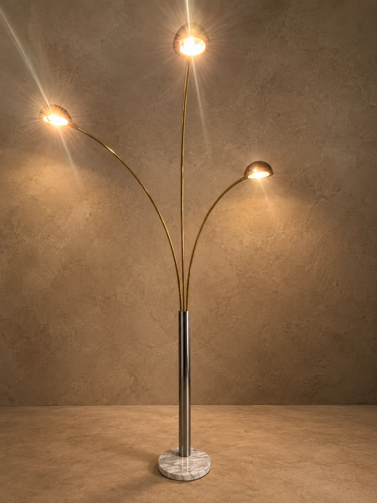 Three-arc floor lamp brass marble Italy circa 1980