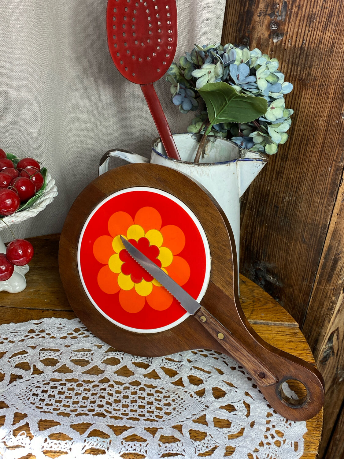 Plateau, wooden and ceramic chopping board, 1970s