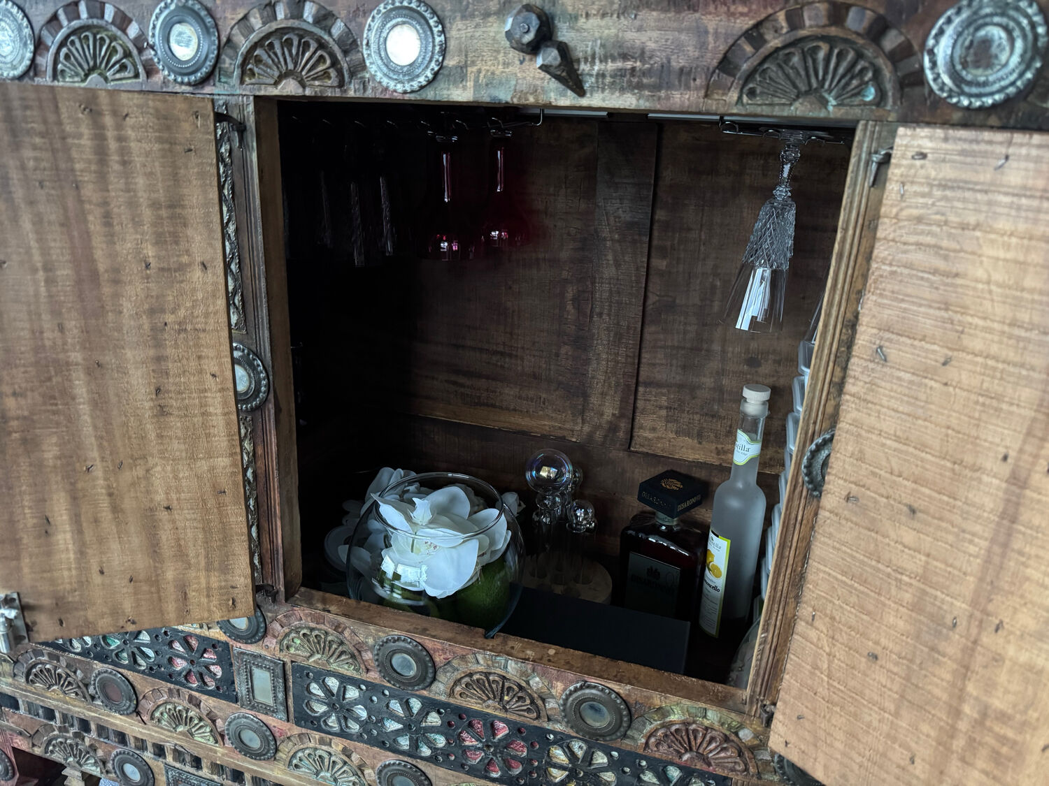 Antique wedding furniture from Rajasthan in carved wood, with inlays.