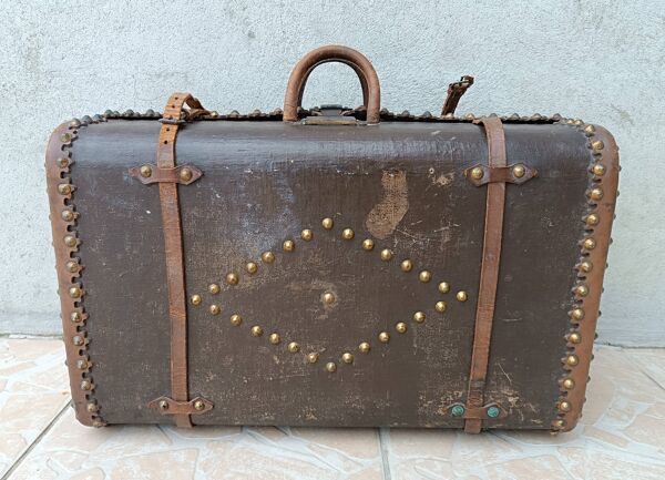 Ancienne malle de voyage en bois et cuir