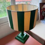 Pair of wooden bedside lamps with striped lampshades