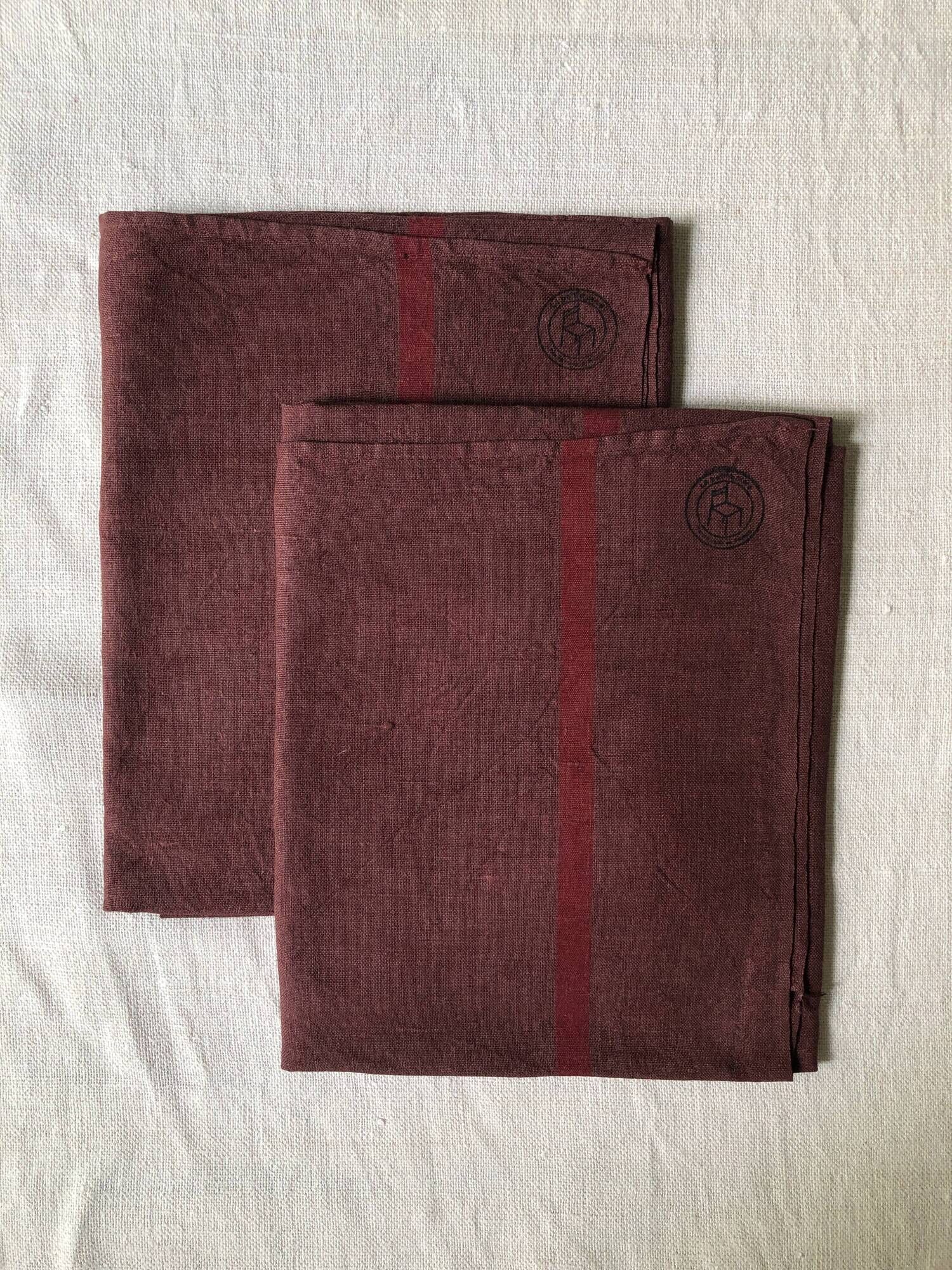 Set of two old tea towels in pure linen tinted in burgundy