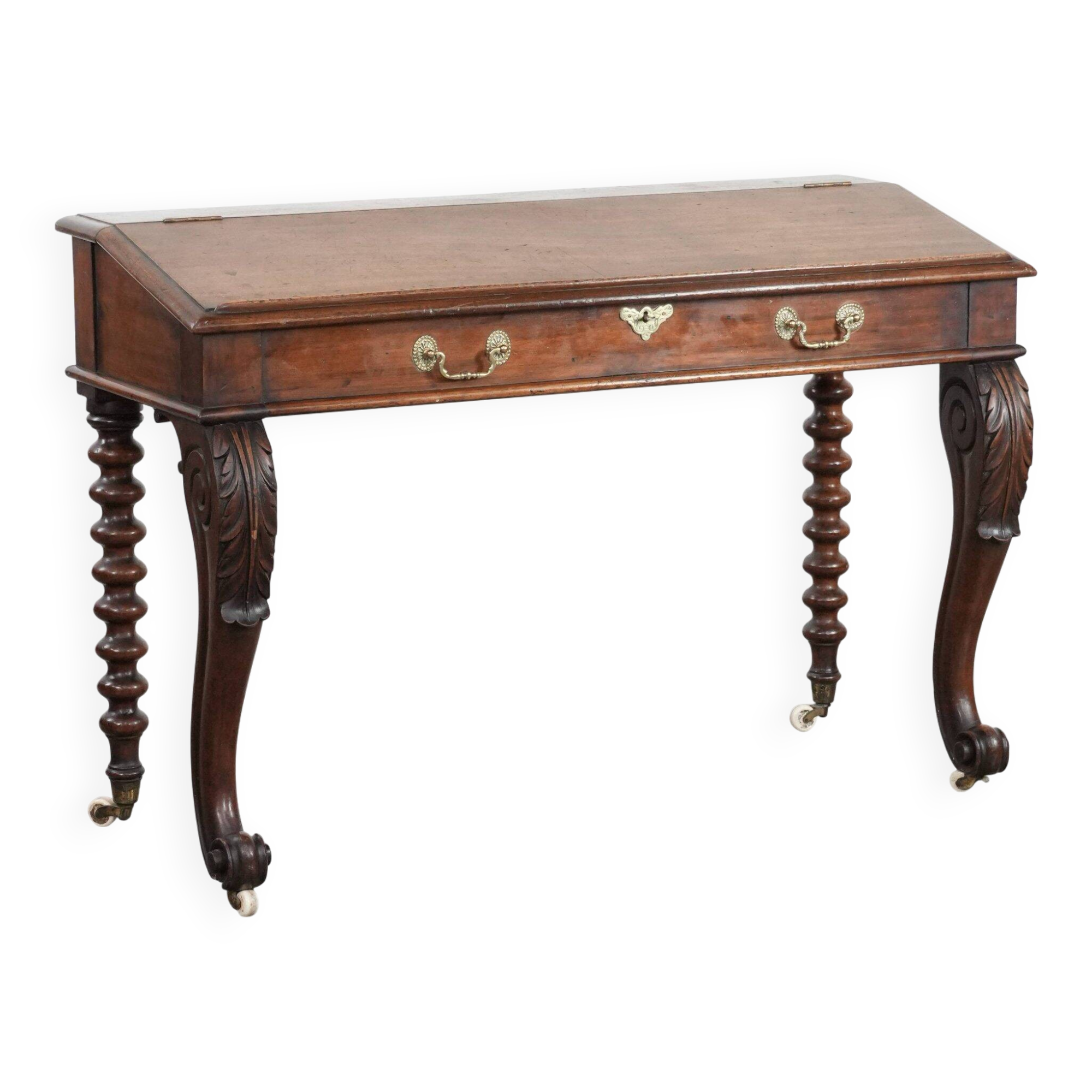 Bureau/table d'écriture en chêne antique anglais du 19ème siècle sur roulettes