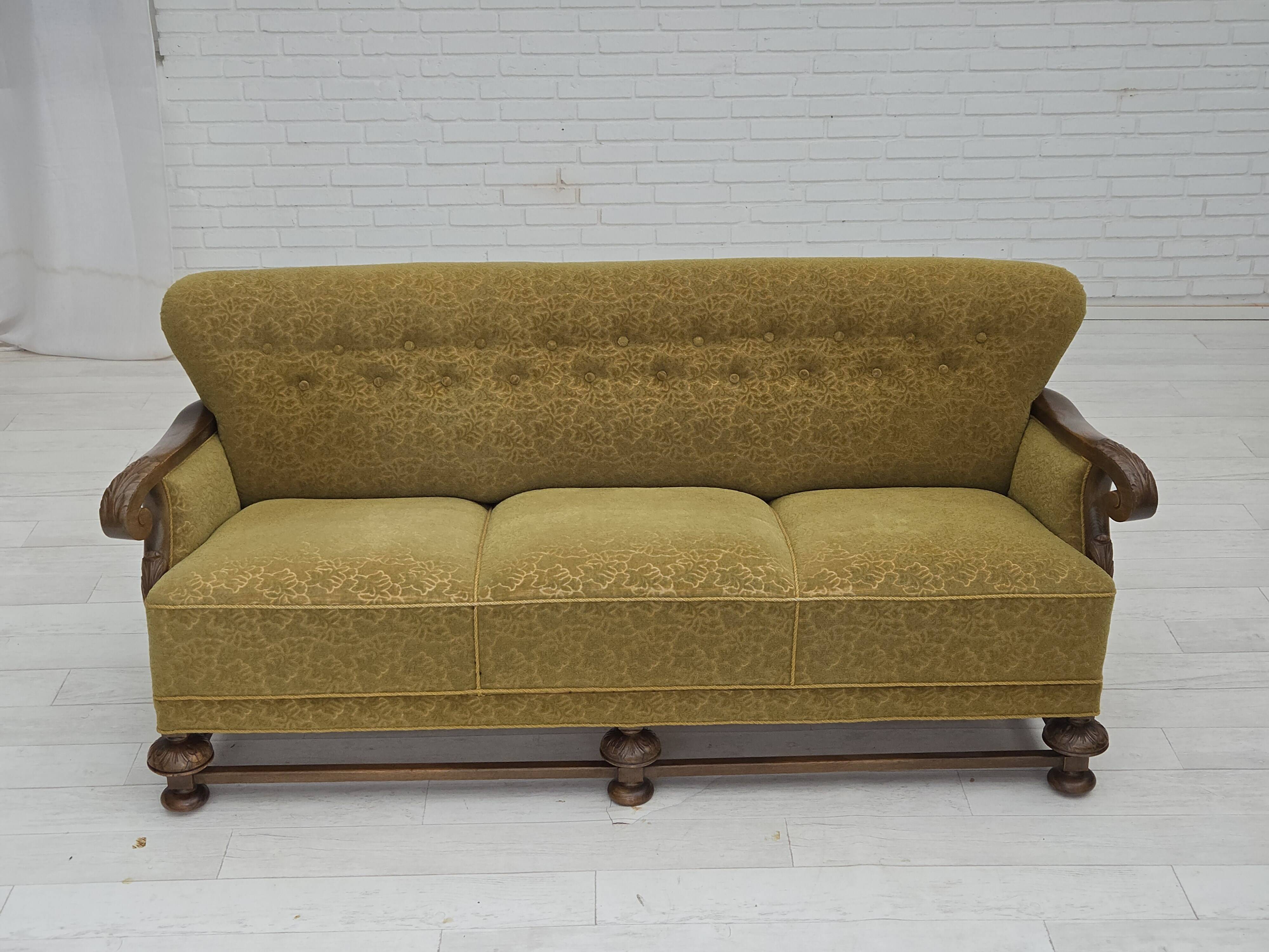 1960s, 3-seater Danish sofa, cotton/wool furniture fabric, solid oak wood.