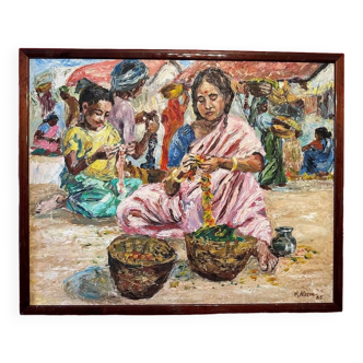 Huile Sur panneau «  Femmes Indiennes sur un marché «  N. ALCEM 85