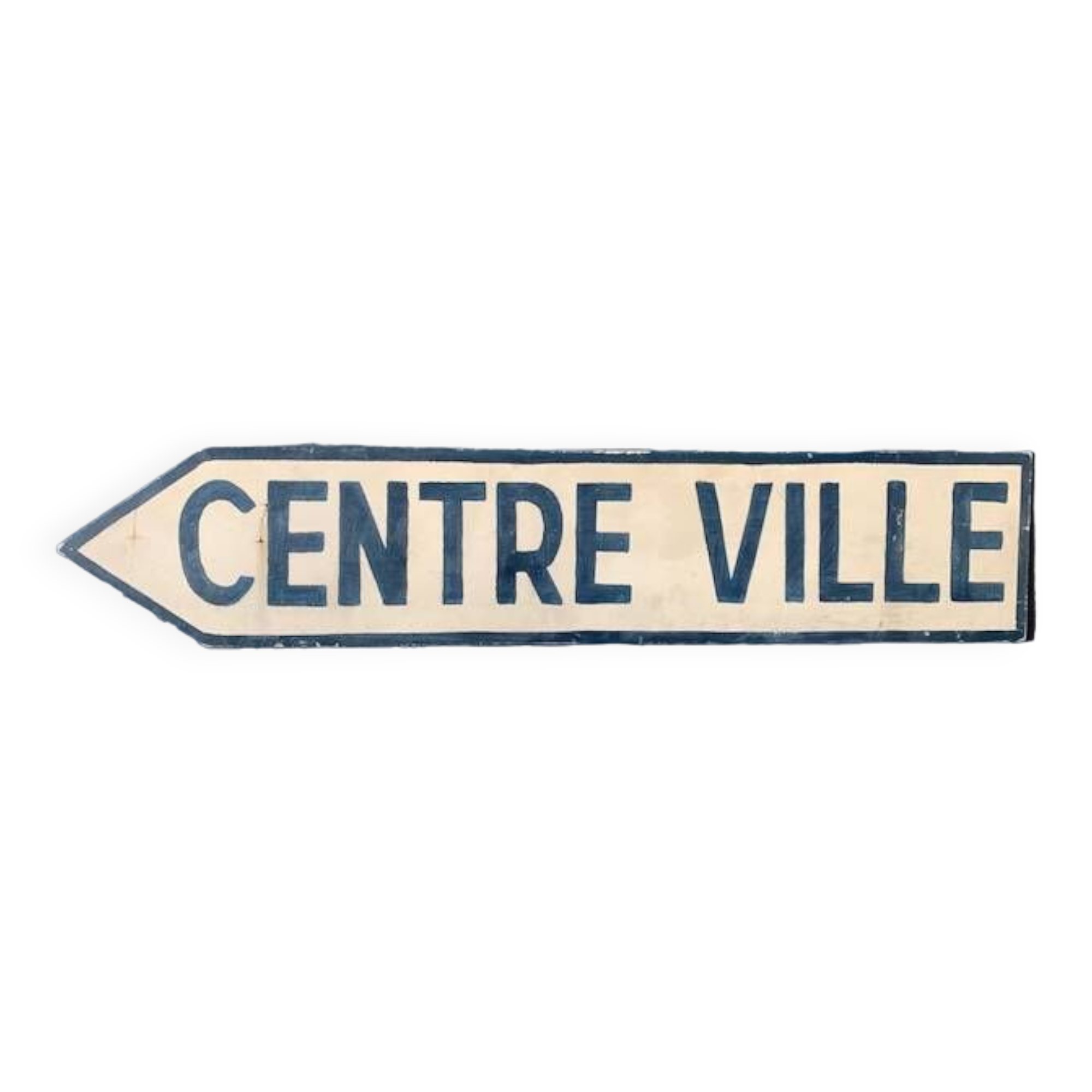 Panneau de signalisation vintage, en bois peint, centre ville.
