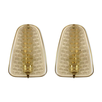 Pair of gilded metal and smoked glass wall lights, 1970s