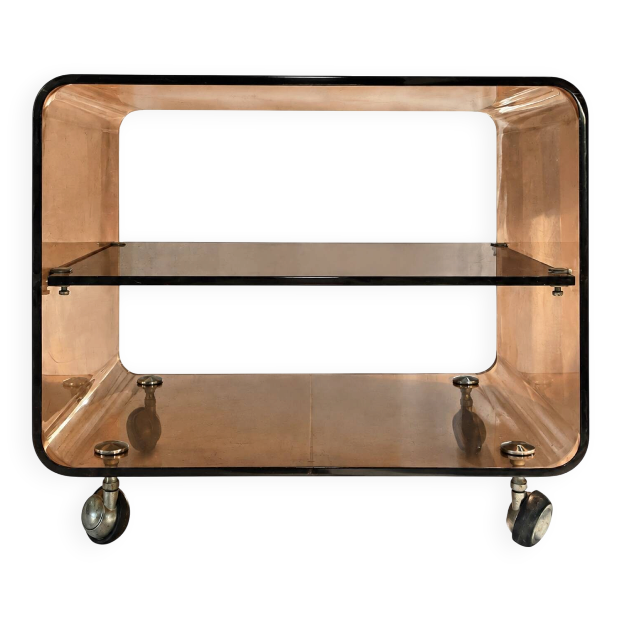 Chariot de service vintage en lucite fumé marron – Attribué à Michel Dum