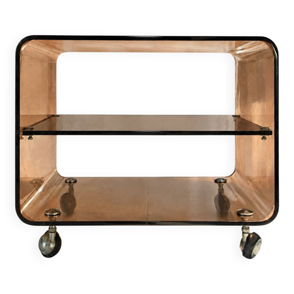 Chariot de service vintage en lucite fumé marron – Attribué à Michel Dum