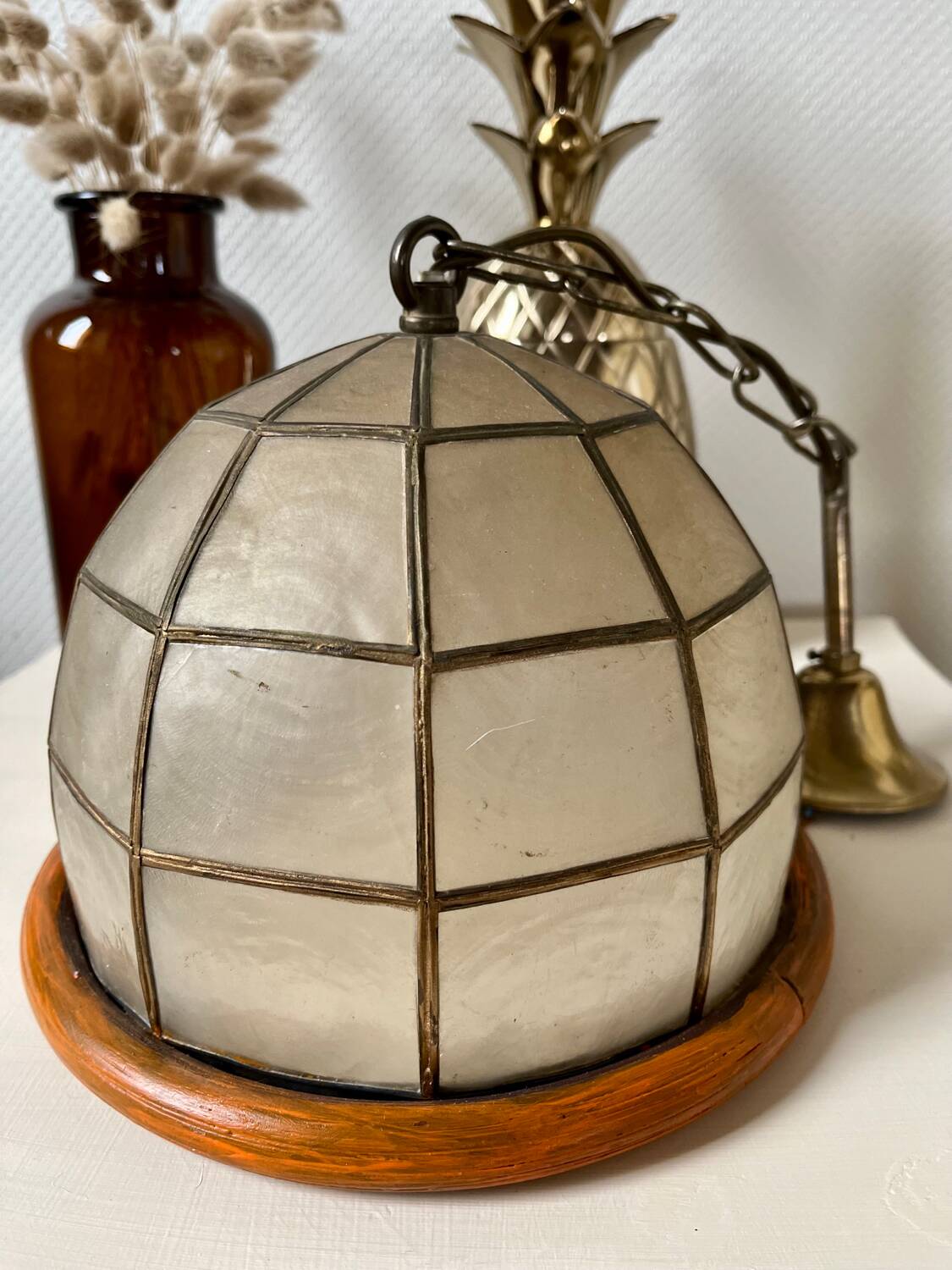 Vintage mother-of-pearl and brass pendant light 1970