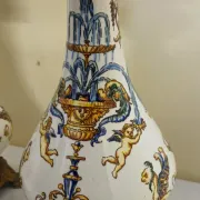 Gien: pair of antique oil lamps in fine earthenware richly decorated.