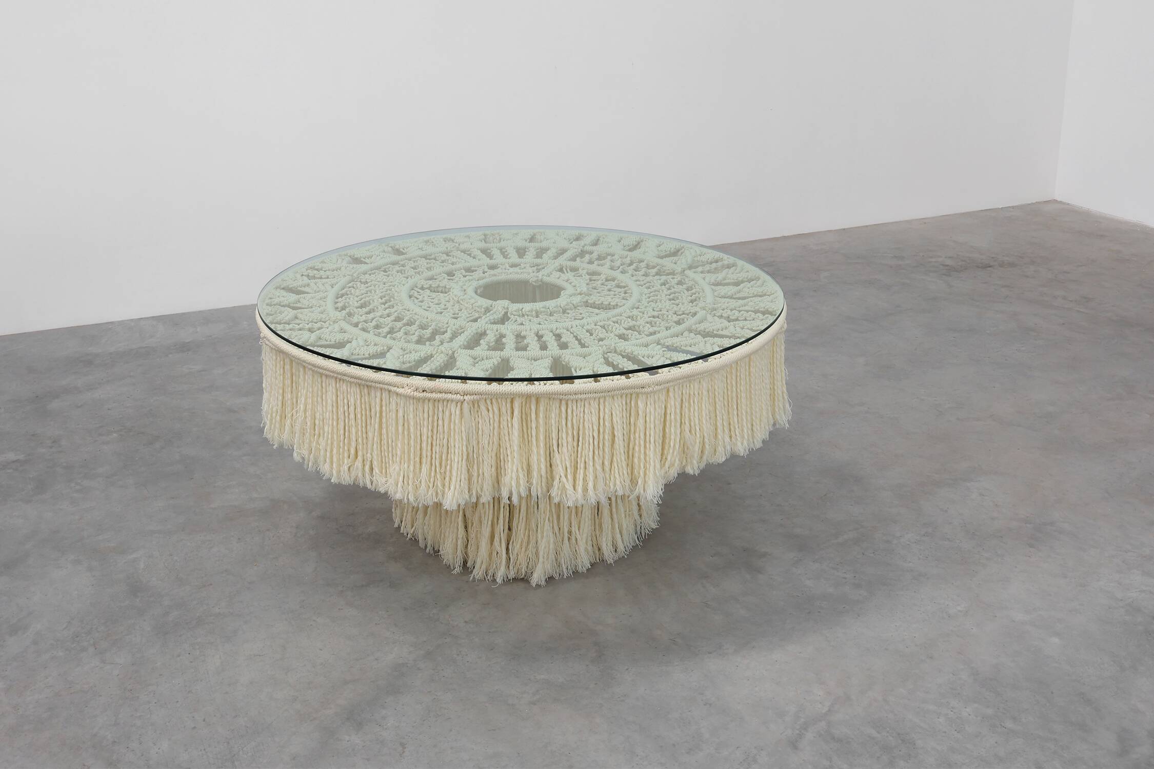 Monumental dining table with glass top and macramé, Italy