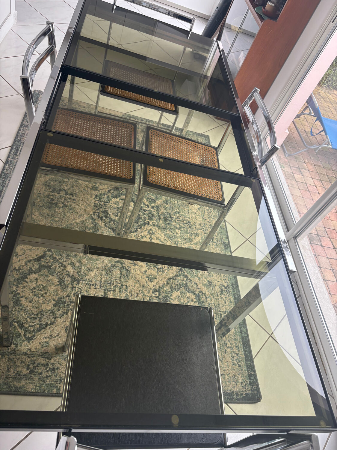 Vintage dining set – smoked glass & chrome – 5 chairs – year