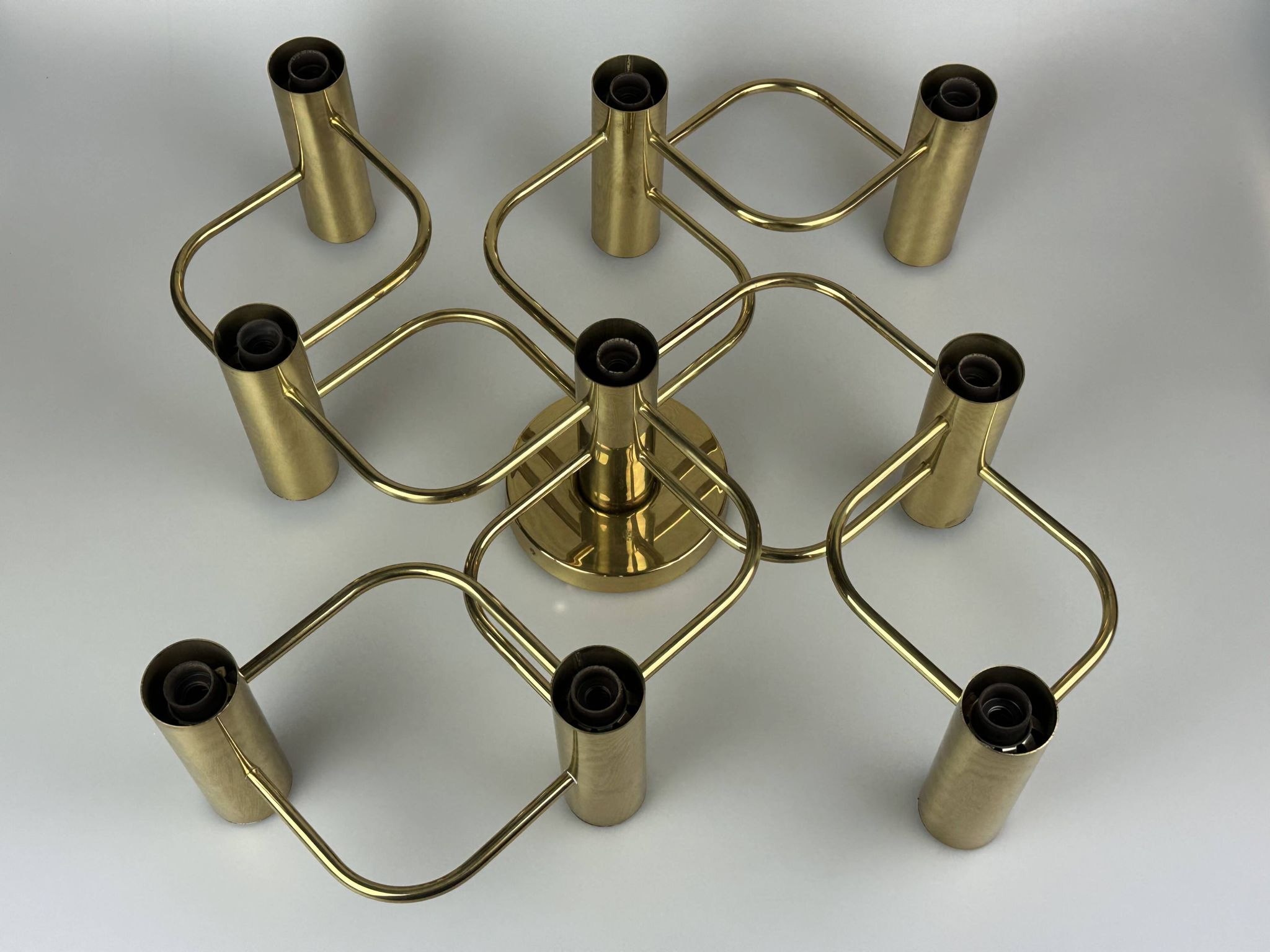 60s 70s 9-bulb ceiling lamp from Leola Leuchten Germany in brass