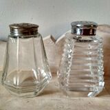 Set of 2 old table sprinklers in molded glass and metal