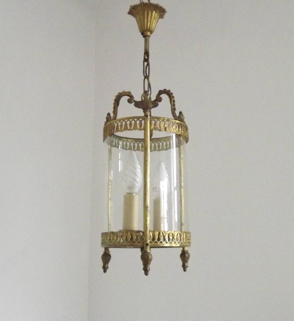 Vintage French Round Gold Metal and Brass 2 Light Lantern Ceiling Light 4724