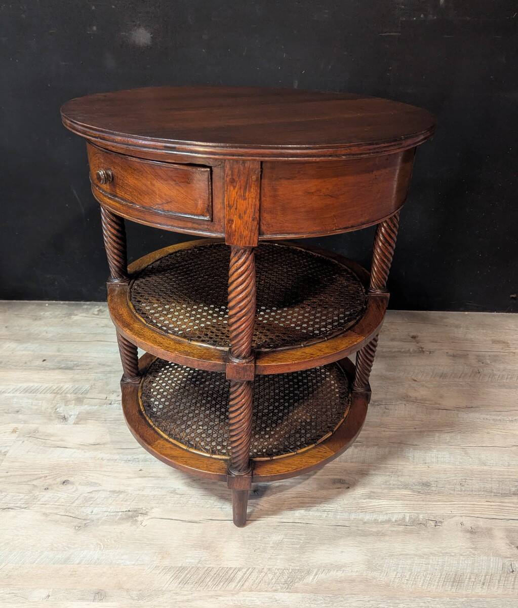 Pair of oval mahogany side tables with caned shelves – 19th century