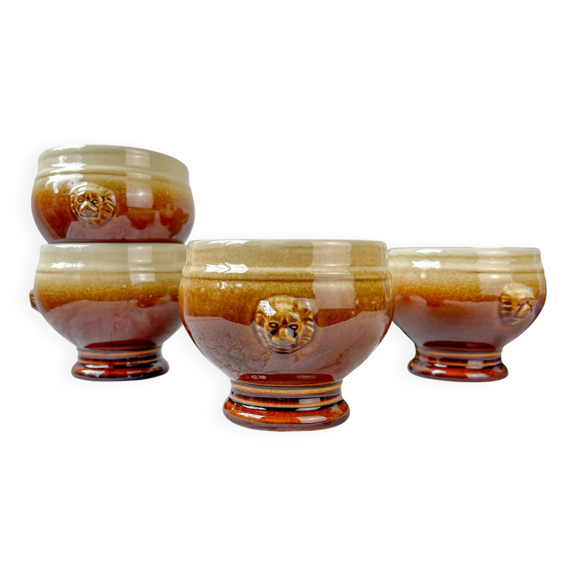 4 speckled two-tone lion head ceramic bowls – Émile Henry style – vintage stoneware made in France