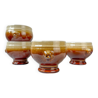 4 speckled two-tone lion head ceramic bowls – Émile Henry style – vintage stoneware made in France