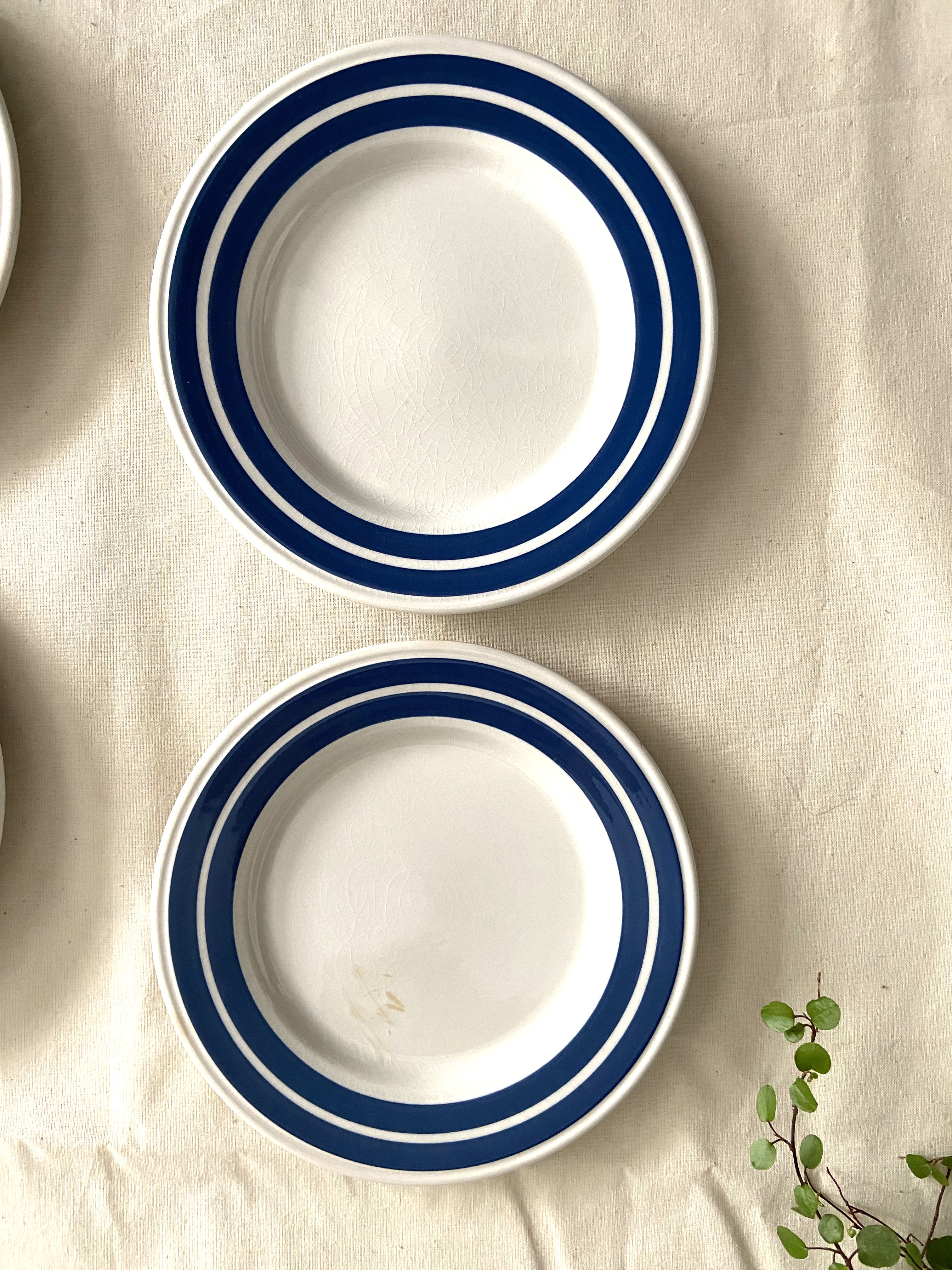 Set of 6 dessert plates in blue striped earthenware