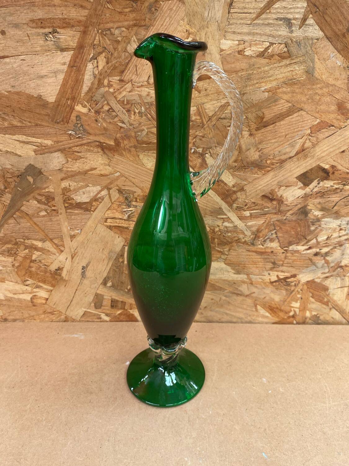 Antique green & clear glass pitcher ewer vintage