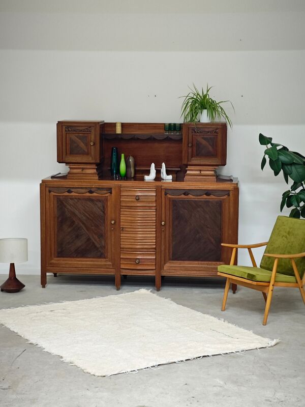 Buffet haut art and craft Art déco français en bois blond 1950 1960