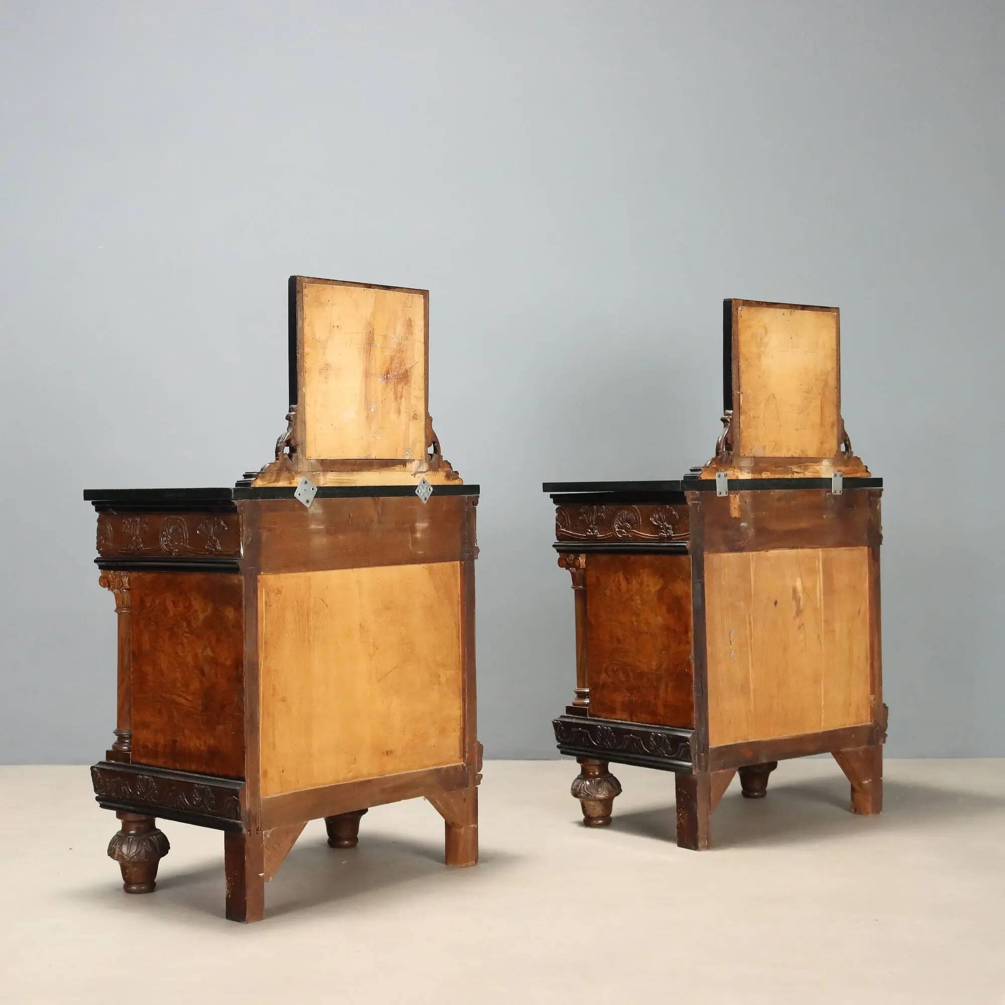 Antique walnut bedside tables with marble and burl, Italy, 20th century.