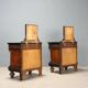 Antique walnut bedside tables with marble and burl, Italy, 20th century.