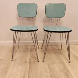Pair of green Formica chairs with Eiffel legs