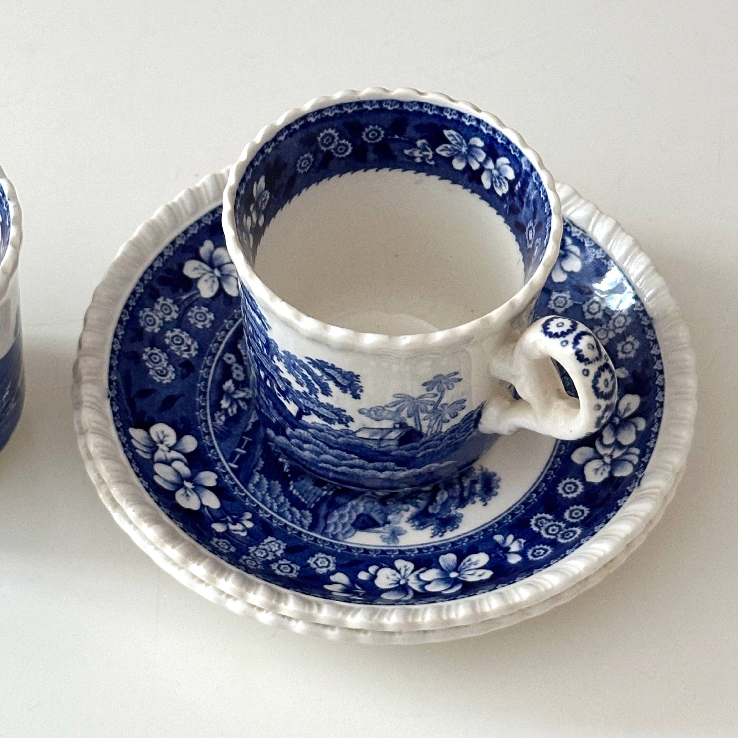 2 Spode Copeland “Blue Tower” Espresso Cups with Saucers – English Vintage