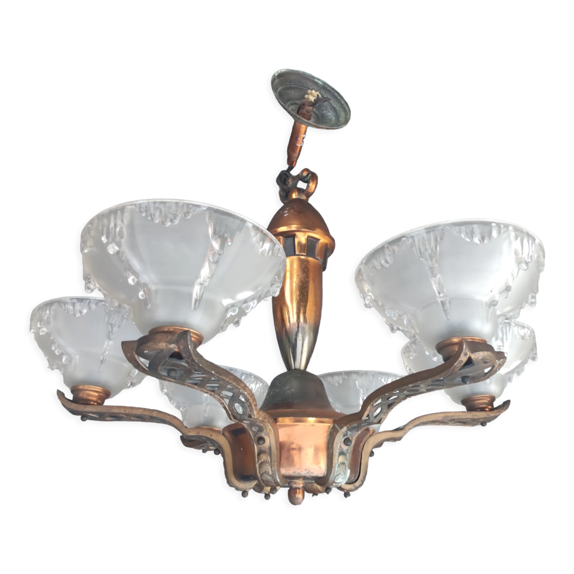 Chandelier suspension 6 branches Ezan France art deco