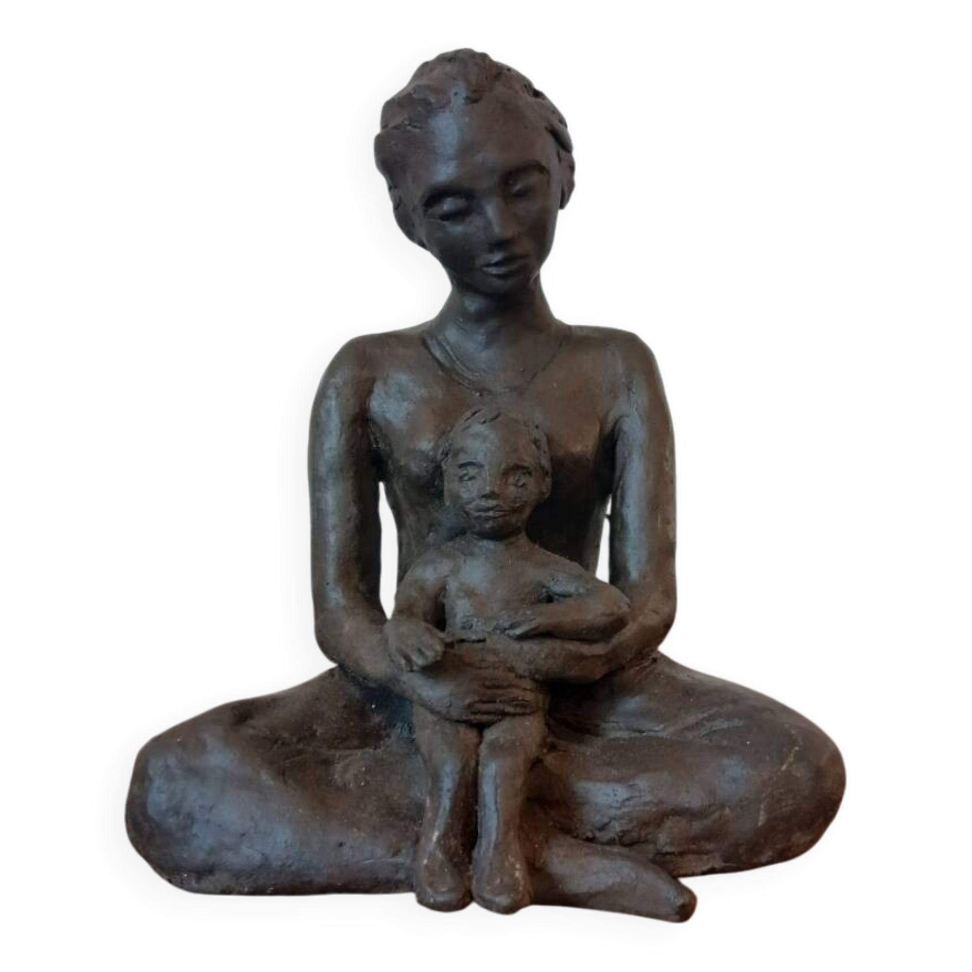 Terracotta statue of a woman with child, signed