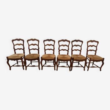 6 Chaises à dossier haut et pailles de style Louis Philippe en bois massif noyer-