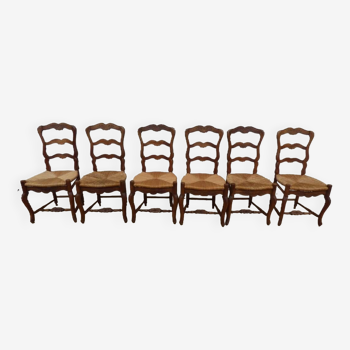 6 Louis Philippe style high back and straw chairs in solid walnut wood -