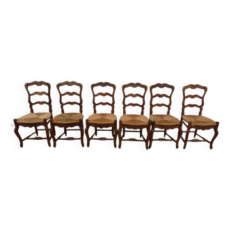 6 Louis Philippe style high back and straw chairs in solid walnut wood -