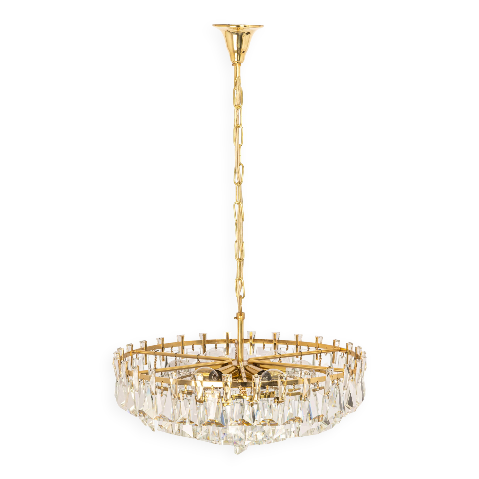 Large chandelier in gilded brass and crystal, by Palwa, Germany, 1970s.