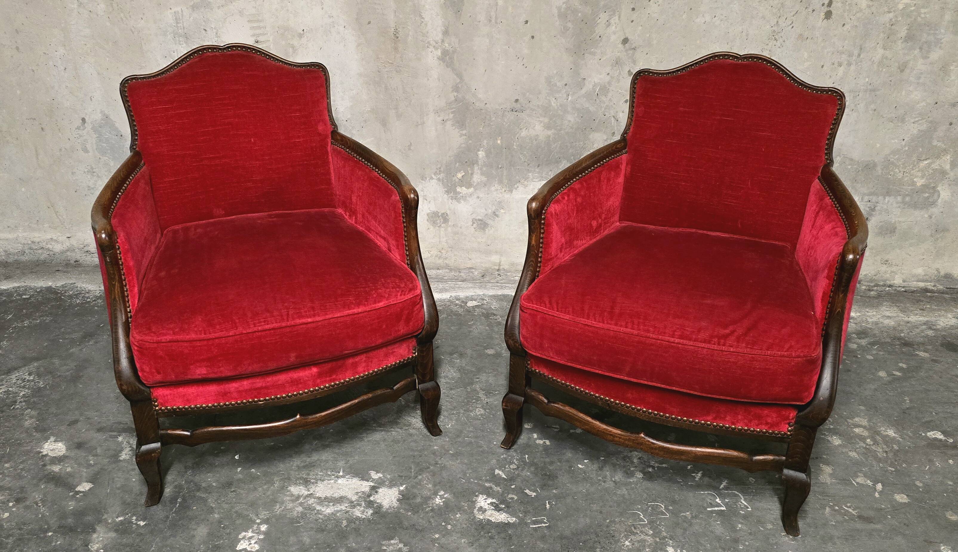 Pair of Louis XV style bergère armchairs in red velvet.