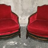 Pair of Louis XV style bergère armchairs in red velvet.