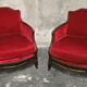 Pair of Louis XV style bergère armchairs in red velvet.