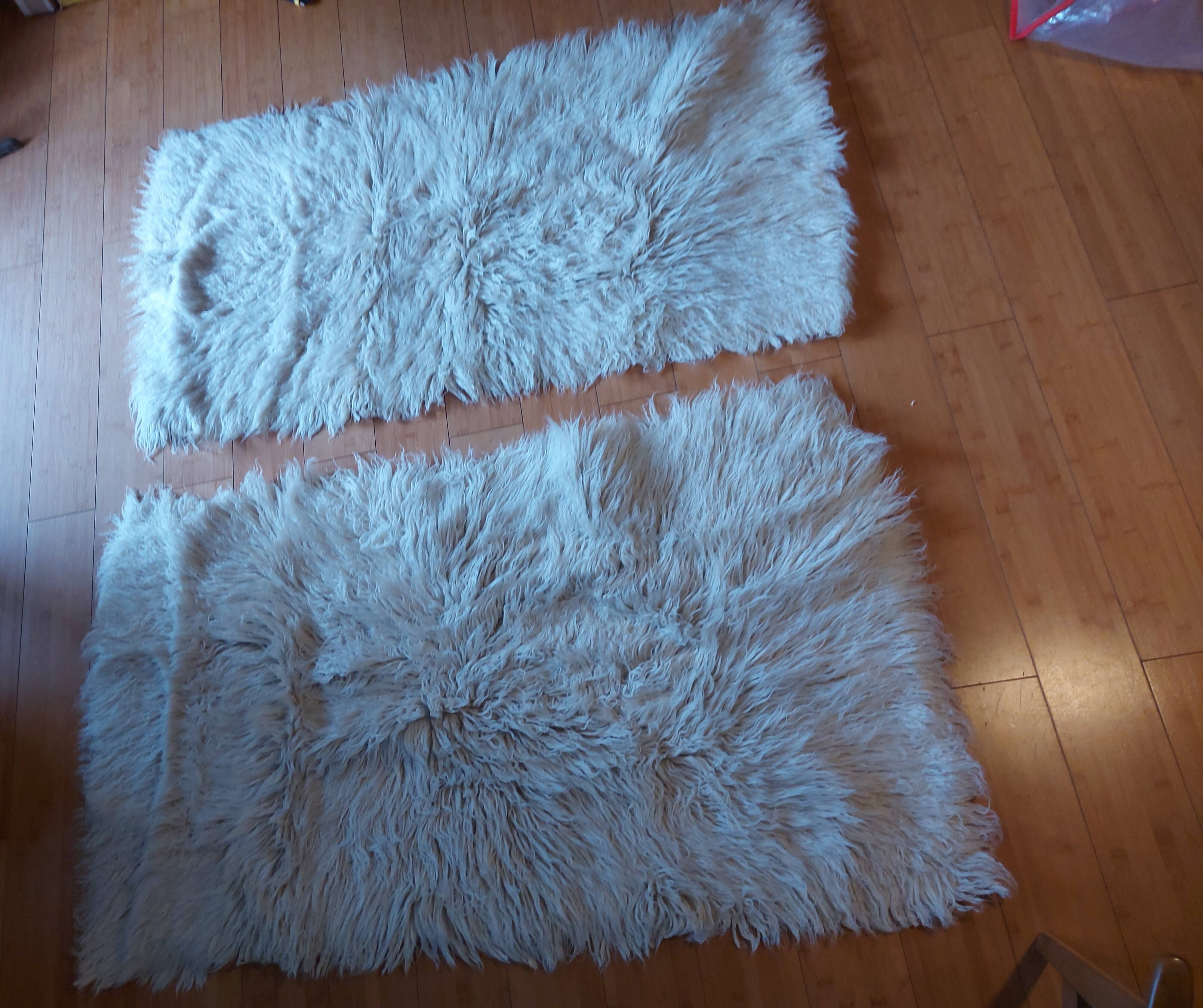 White pure wool long pile rug, vintage