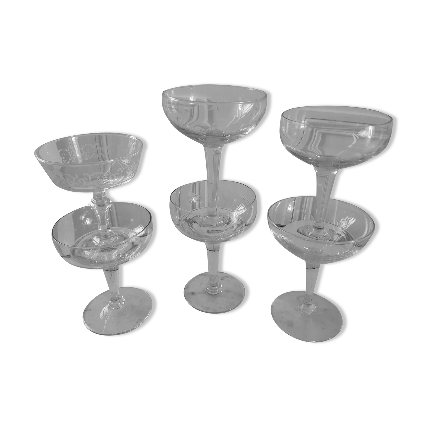 Set of 6 mismatched crystal champagne glasses 30s-40s