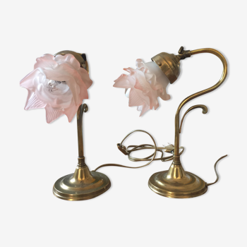 Anciennes lampes de chevet fleur en pâte de verre style art nouveau