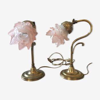 Old bedside lamp flower in art nouveau style glass paste