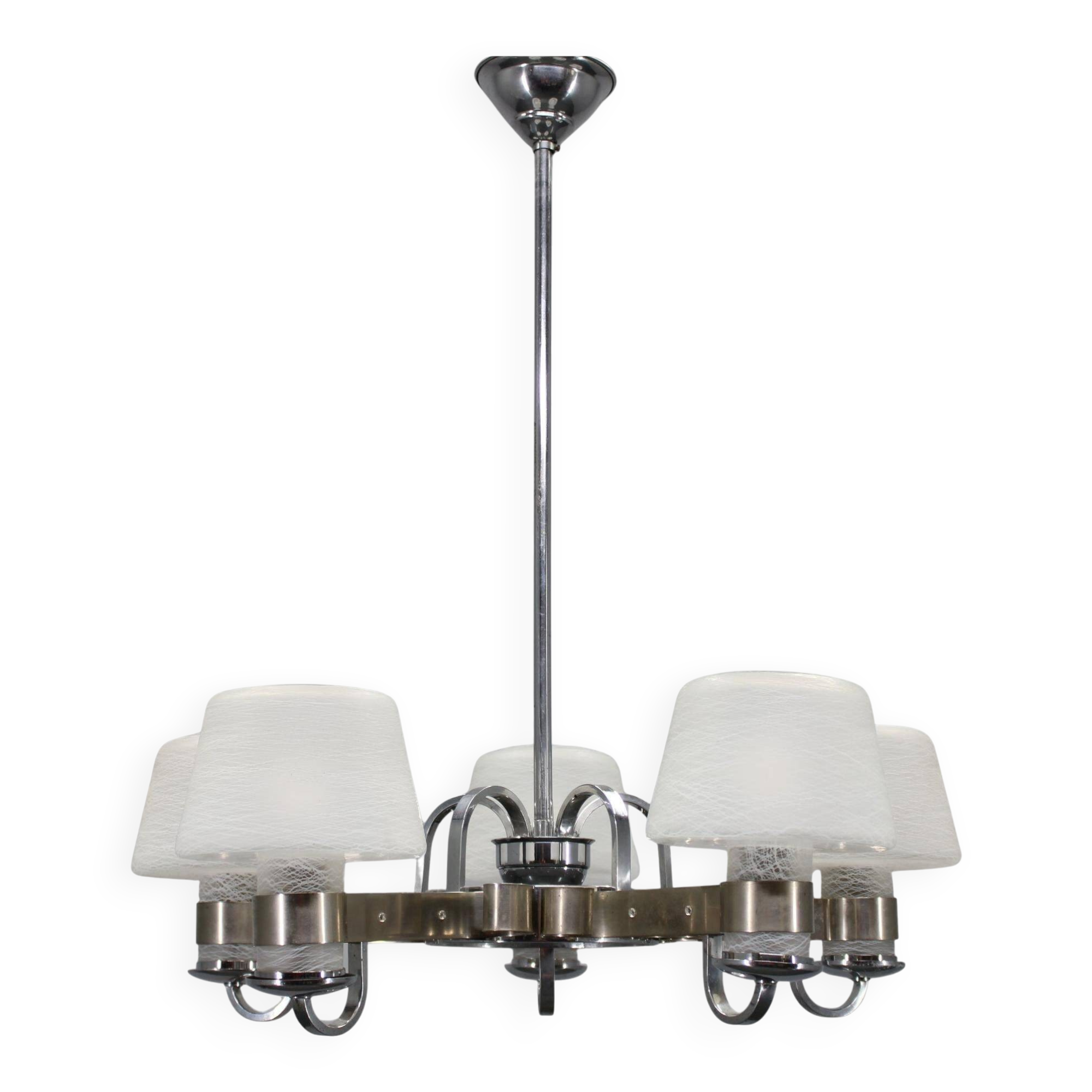 Art Deco nickel chandelier with textured glass, Czechoslovakia, 1930s