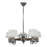 Art Deco nickel chandelier with textured glass, Czechoslovakia, 1930s