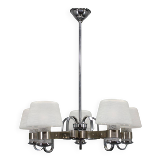 Art Deco nickel chandelier with textured glass, Czechoslovakia, 1930s
