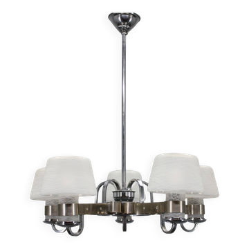 Chandelier en nickel Art Déco avec verre texturé, Tchécoslovaquie, années 1930