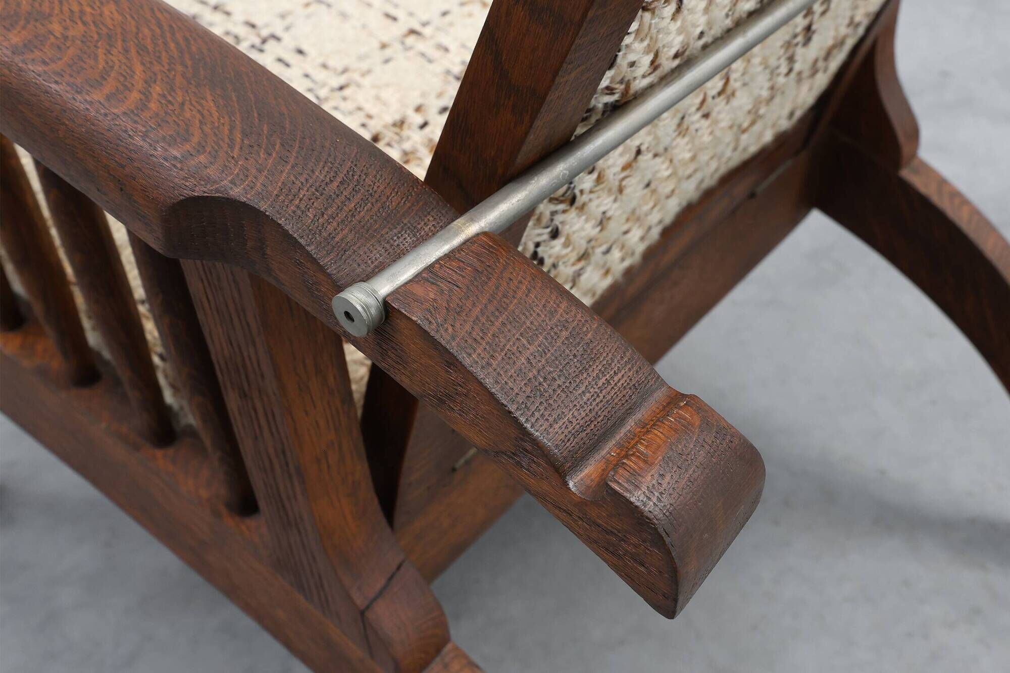 Arts & Craft oak armchair with spindle sides and tweed upholstery, Belgium